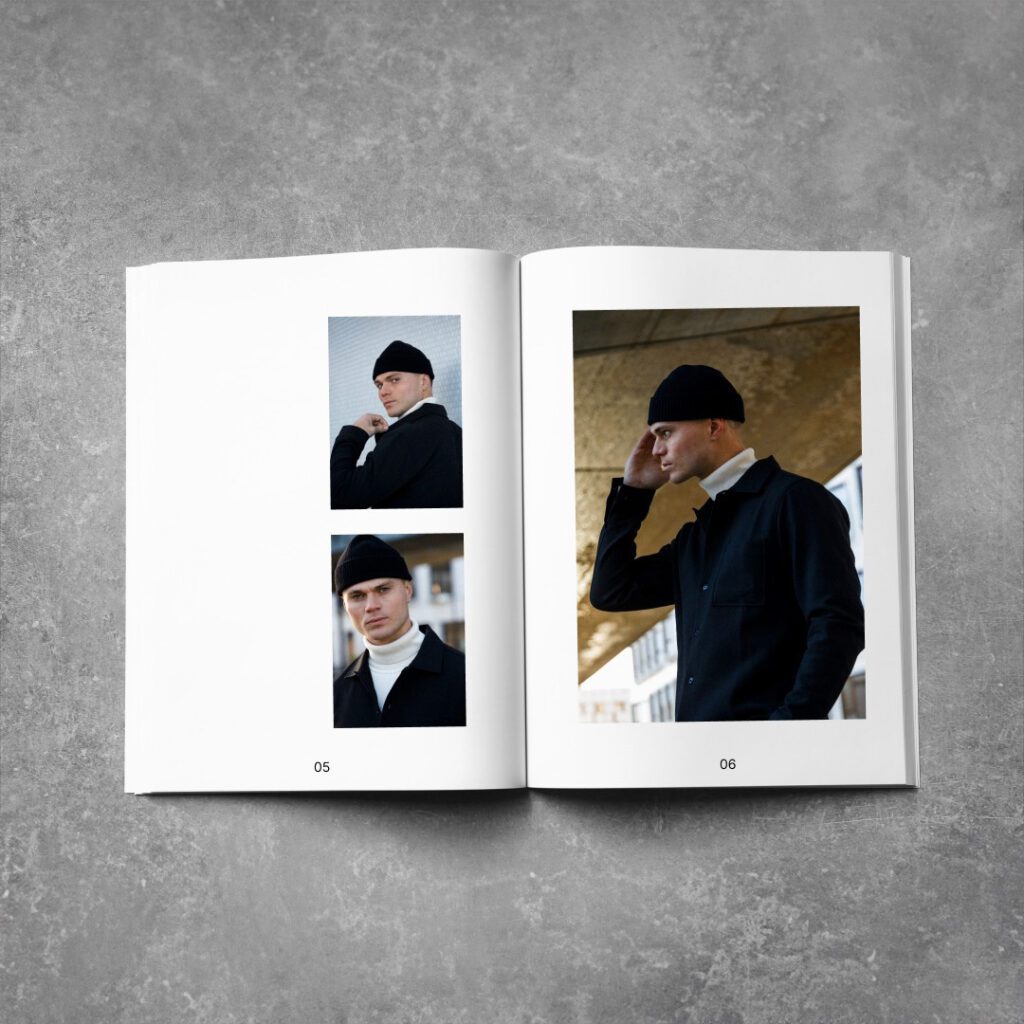 SNT case film photo branding. A fashion lookbook spread showcasing minimalist urban-inspired outfits with a modern, industrial backdrop.