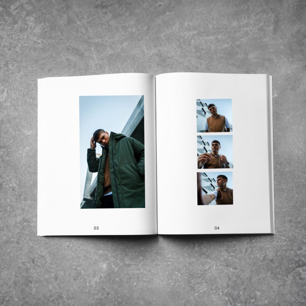 A fashion lookbook spread showcasing minimalist urban-inspired outfits with a modern, industrial backdrop.