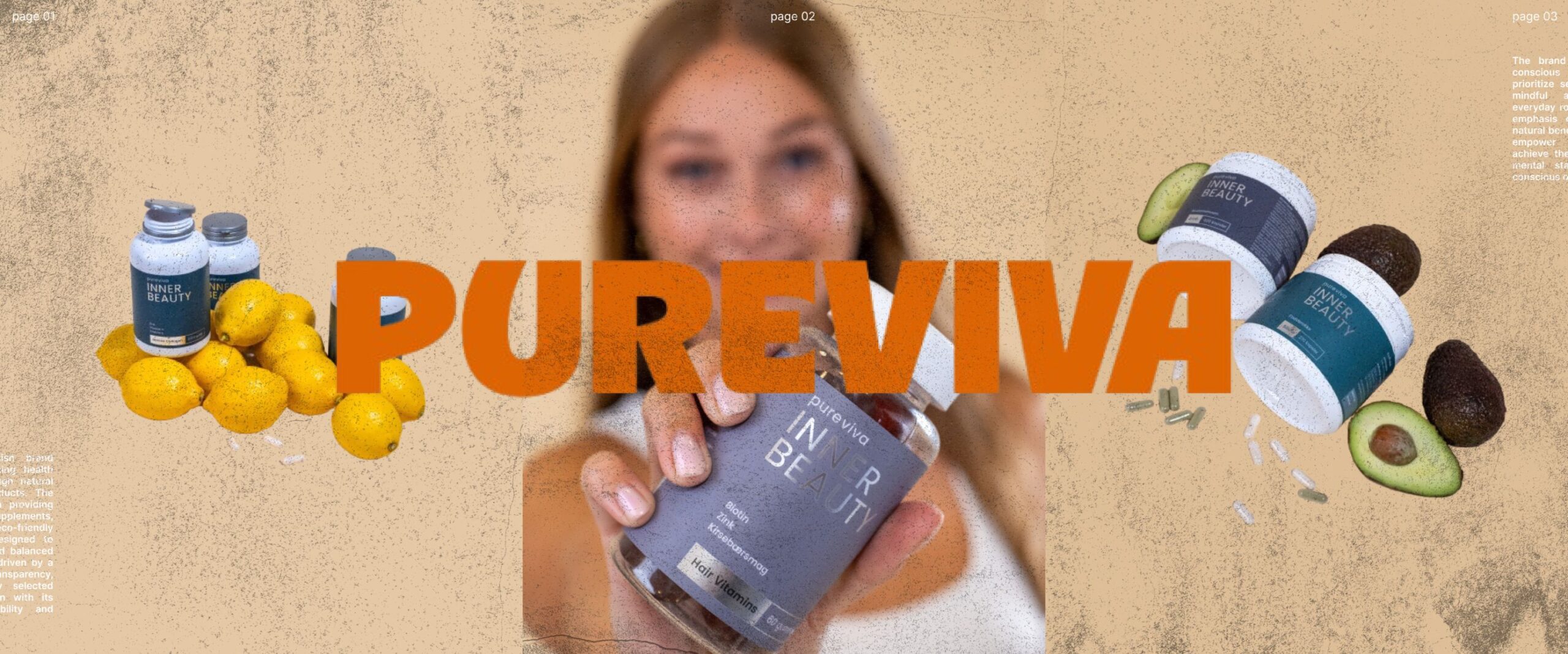 PUREVIVA Inner Beauty kosttilskud vises i produktbillede og produktvideo. Kvinde i fokus med citroner, avocadoer og naturlige ingredienser. Fokus på sundhed og skønhed.