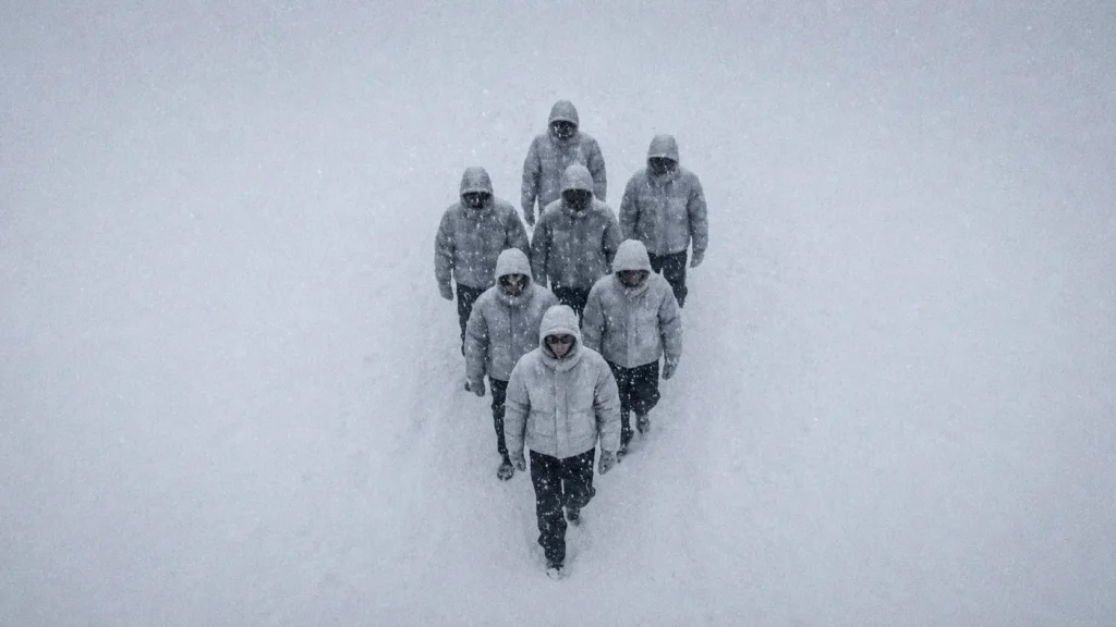 Minimalistisk vinterunivers produceret af Nineties™ med cinematic snow aesthetics, editorial modeudtryk og moderne brand storytelling.