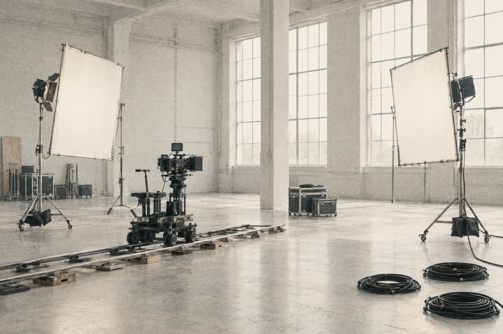 Filmset under opsætning i en lys produktionshal med kamera på dolly og store diffusionsrammer