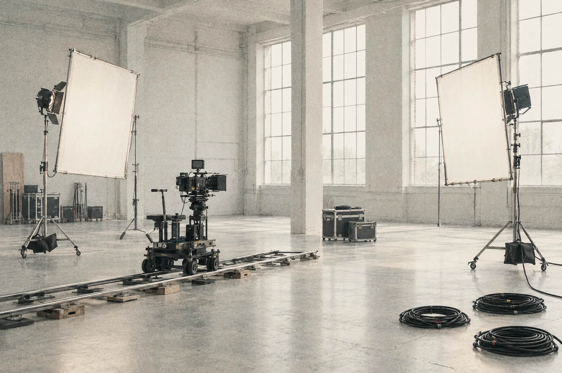 Filmset under opsætning i en lys produktionshal med kamera på dolly og store diffusionsrammer