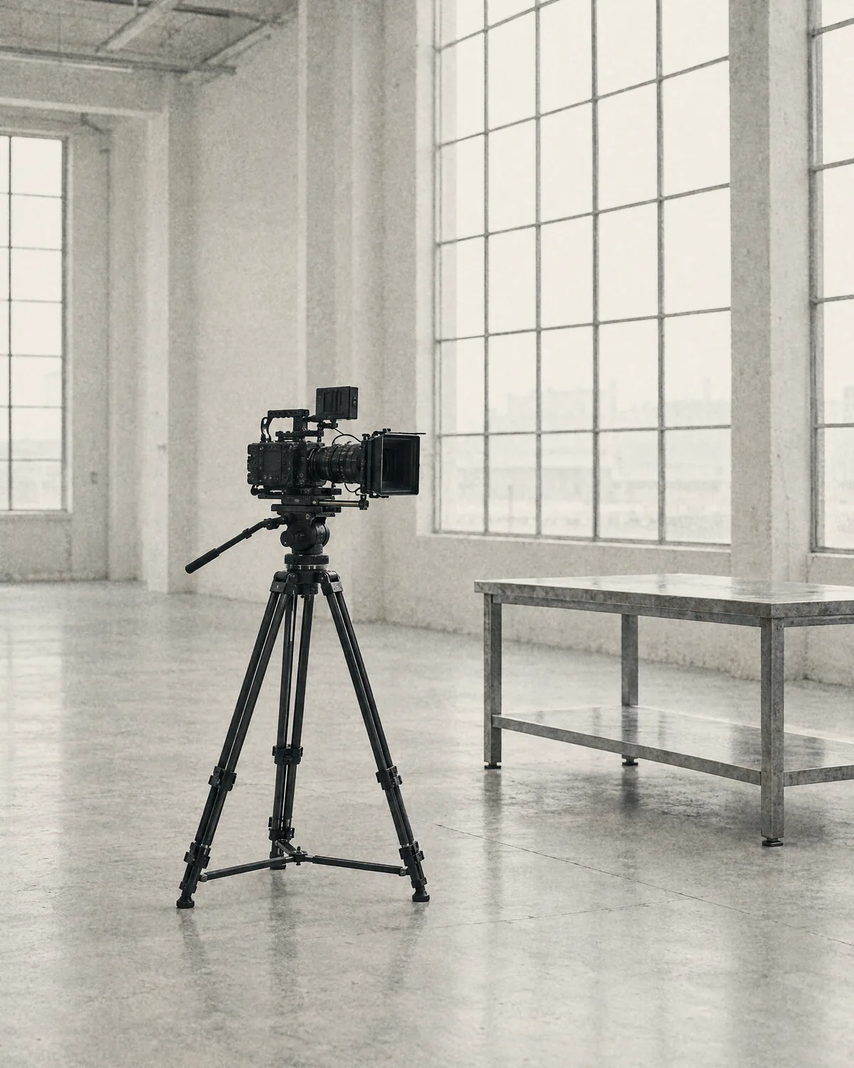 Filmkamera på stativ i en tom lys industrihal med høje vinduer og et stålbord