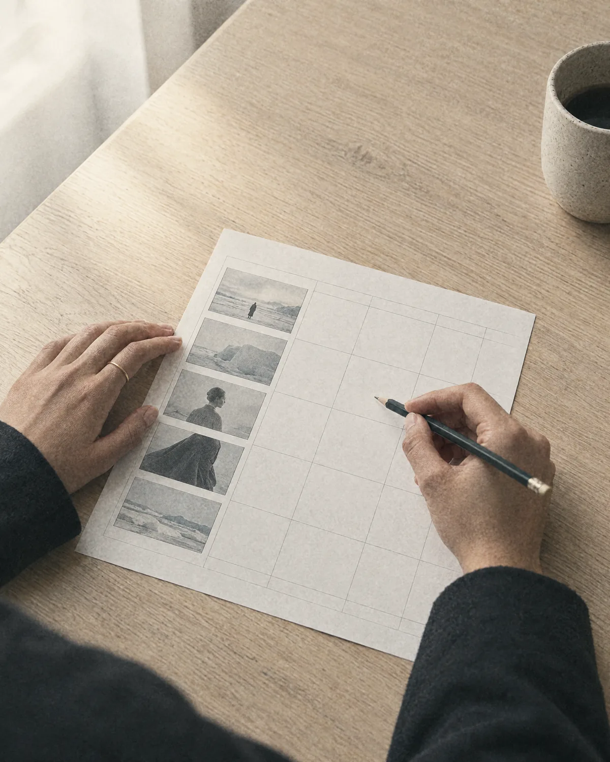 Hænder med blyant over en printet produktionsplan og små storyboard-billeder på et lyst egetræsbord