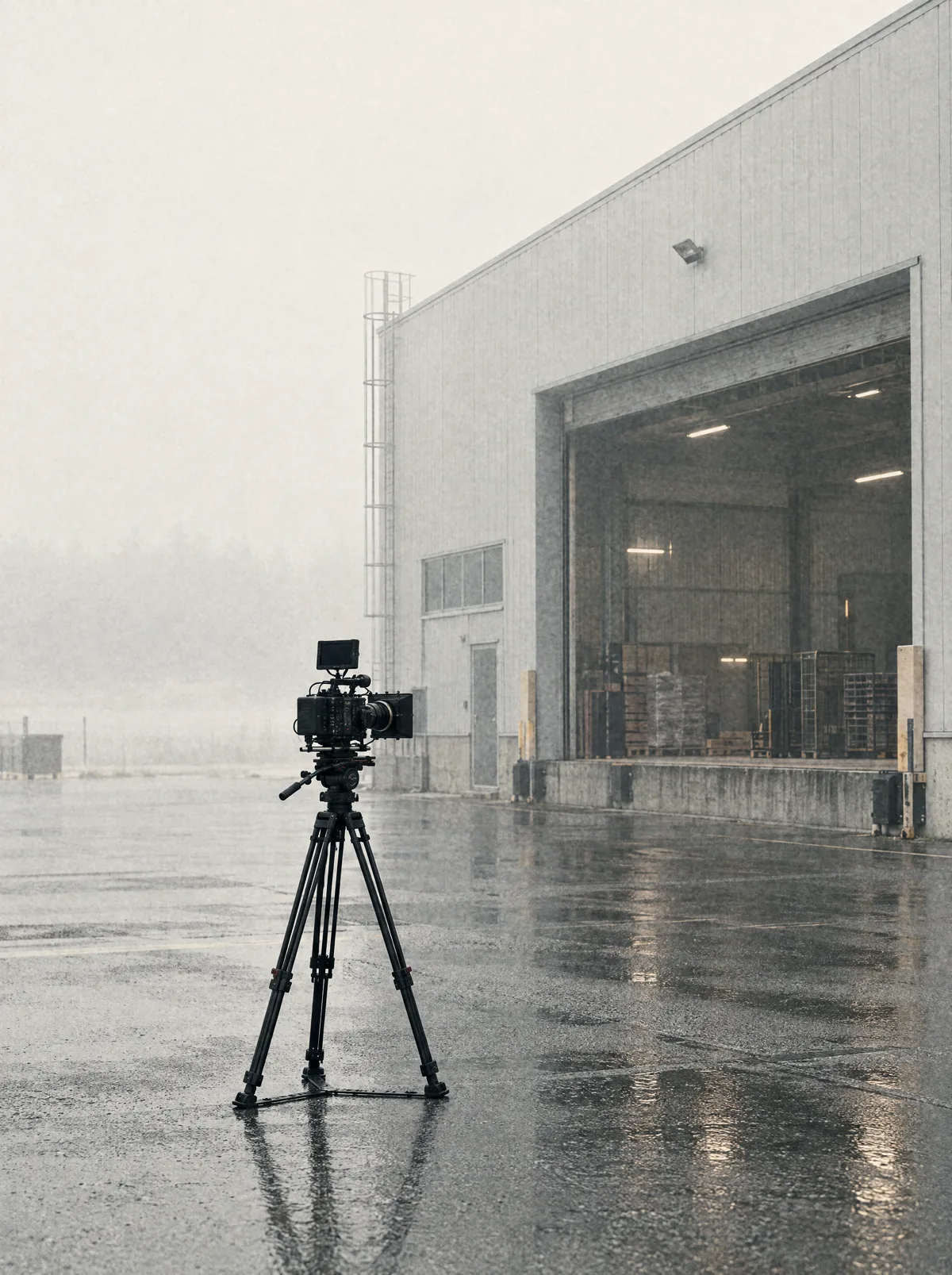 Filmkamera på stativ foran åben læsserampe på en nordisk fabrik i let morgentåge