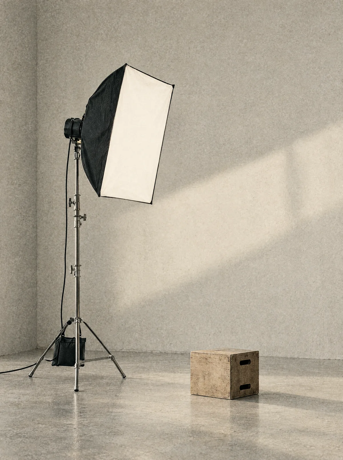 Stor softbox på c-stand i et tomt lyst betonrum med lys over væggen