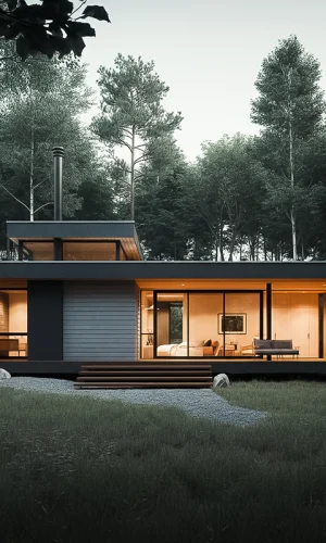 Moderne arkitekttegnet skovhytte med varme indendørs lys og træbeklædning i naturen
