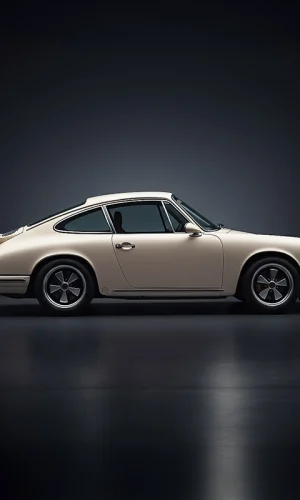 Klassisk cremefarvet Porsche set fra siden, stilrent oplyst mod mørk baggrund