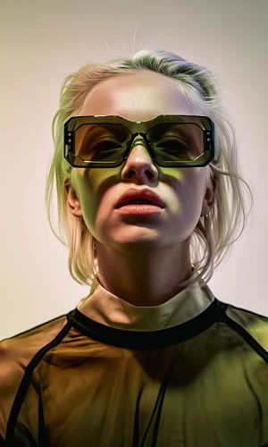 Moderne fashion-portræt af kvinde i futuristiske solbriller og transparent top med farvet lys