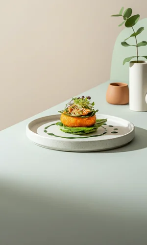 Elegant vegetarret anrettet minimalistisk på keramikfad med stilrent nordisk design