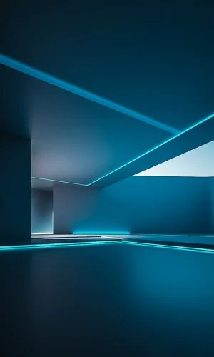 Abstrakt futuristisk rum med blå LED-lys og geometriske linjer i mørk minimalistisk stil