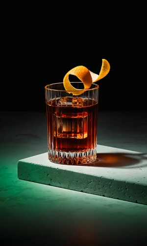 Luksuriøs cocktail med appelsinskal i krystalglas, oplyst dramatisk i mørkt miljø