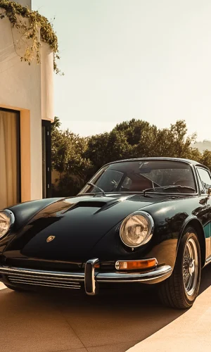 Klassisk sort Porsche sportsvogn parkeret ved moderne luksusvilla med pool